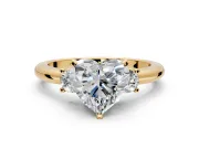 3 Stone Engagement Ring Setting for Heart-Shaped Center with Wide Plain Band and Prong Head in Yellow Gold