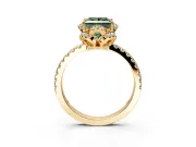 Halo Engagement Ring Setting for Fancy Green Princess Cut Center with Openwork Halo, Pave Band and Prong Head in Yellow Gold