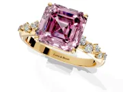 Cluster Engagement Ring Setting for Fancy Pink Asscher Cut Center with Round Cut Accent Band and Prong Head in Yellow Gold