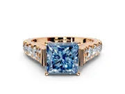 Solitaire Engagement Ring Setting for Fancy Blue Princess Cut Center with Pave Cathedral Shoulders and Prong Head in Rose Gold