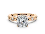 Solitaire Engagement Ring Setting for Cushion Cut Center with Beaded Bezel Station Band and Prong Head in Rose Gold