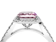 Halo Engagement Ring Setting for Fancy Pink Asscher Cut Center with Narrowing Pave Band and Prong Head in Sterling Silver