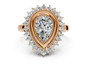 Halo Engagement Ring Setting for Pear-Shaped Center with Milgrain Bezel Rim, Plain Band and Prong Head in Rose Gold