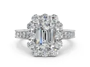 Halo Engagement Ring Setting for Emerald Cut Center with Milgrain Channel Band and Prong Head in Platinum