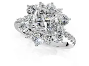 Floral Halo Engagement Ring Setting for Princess Cut Center with Pave Accents and Prong Head in Sterling Silver
