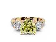 3 Stone Engagement Ring Setting for Fancy Yellow Heart-Shaped Center with Crossover Basket, Pave Band and Prong Head in Yellow Gold