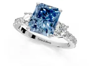3 Stone Engagement Ring Setting for Fancy Blue Radiant Cut Center with Round Cut Side Accents and Prong Head in Sterling Silver