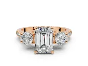 3 Stone Engagement Ring Setting for Emerald Cut Center with Crossover Basket, Pave Band and Prong Head in Rose Gold