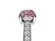 Solitaire Engagement Ring Setting for Fancy Pink Cushion Cut Center with Milgrain-Framed Pave Band and Prong Head in Platinum