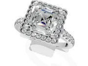 Milgrain Floral Halo Engagement Ring Setting for Asscher Cut Center with Pave Band and Prong Head in White Gold