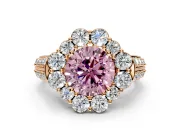 Large Accent Halo Engagement Ring Setting for Fancy Pink Round Cut Center with Pave Split Shank and Prong Head in Rose Gold