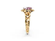 Halo Engagement Ring Setting for Fancy Pink Oval Center with Open Scroll Shoulders and Prong Head in Yellow Gold