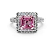 Milgrain Floral Halo Engagement Ring Setting for Fancy Pink Asscher Cut Center with Pave Band and Prong Head in Platinum