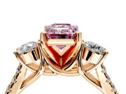 3 Stone Engagement Ring Setting for Fancy Pink Emerald Cut Center with Crossover Basket, Pave Band and Prong Head in Rose Gold
