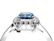Starburst Halo Engagement Ring Setting for Fancy Blue Emerald Cut Center with Flat Cathedral Band and Prong Head in Platinum