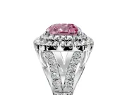 Double Halo Engagement Ring Setting for Fancy Pink Cushion Cut Center with Narrow Pave Split Shank and Prong Head in Platinum