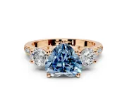 3 Stone Engagement Ring Setting for Fancy Blue Heart-Shaped Center with Crossover Basket, Pave Band and Prong Head in Rose Gold