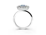 Halo Engagement Ring Setting for Fancy Blue Emerald Cut Center with Milgrain Bezel Rim, Plain Band and Prong Head in White Gold