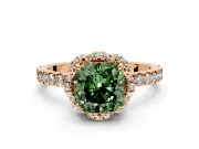 Halo Engagement Ring Setting for Fancy Green Cushion Cut Center with Openwork Halo, Pave Band and Prong Head in Rose Gold