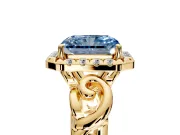 Halo Engagement Ring Setting for Fancy Blue Radiant Cut Center with Open Scroll Shoulders and Prong Head in Yellow Gold