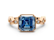 Milgrain Bezel Engagement Ring Setting for Fancy Blue Asscher Cut Center with Marquise Stations and Bezel Head in Rose Gold