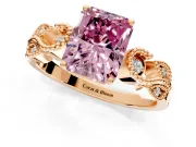 Leaf Engagement Ring Setting for Fancy Pink Radiant Cut Center with Milgrain Accent Band and Prong Head in Rose Gold