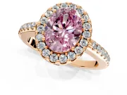 Pave Halo Engagement Ring Setting for Fancy Pink Oval Center with Single Row Pave Band and Prong Head in Rose Gold