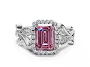 Halo Engagement Ring Setting for Fancy Pink Emerald Cut Center with Leaf Motif Split Shank and Prong Head in Sterling Silver