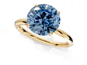 Low-Set Solitaire Engagement Ring Setting for Fancy Blue Round Cut Center with Thin Plain Band and Prong Head in Yellow Gold