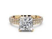 Solitaire Engagement Ring Setting for Princess Cut Center with Multi-Row Pave Accents and Basket Head in Yellow Gold