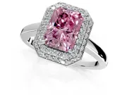 Halo Engagement Ring Setting for Fancy Pink Radiant Cut Center with Plain Tapered Band and Prong Head in Platinum