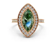 Halo Engagement Ring Setting for Fancy Green Marquise Center with Milgrain Frame, Pave Band and Prong Head in Rose Gold