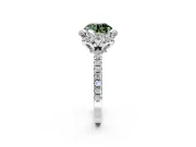 Halo Engagement Ring Setting for Fancy Green Round Cut Center with Openwork Halo, Pave Band and Prong Head in White Gold