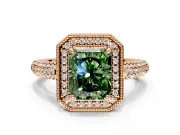 Milgrain Halo Engagement Ring Setting for Fancy Green Radiant Cut Center with Three-Sided Pave Band and Prong Head in Rose Gold