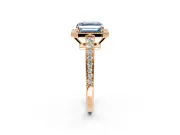 Bezel-Framed Halo Engagement Ring Setting for Fancy Blue Asscher Cut Center with Pave Band and Prong Head in Rose Gold
