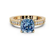 Solitaire Engagement Ring Setting for Fancy Blue Cushion Cut Center with Milgrain-Edged Pave Band and Prong Head in Yellow Gold