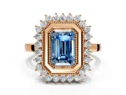 Halo Engagement Ring Setting for Fancy Blue Emerald Cut Center with Milgrain Bezel Rim, Plain Band and Prong Head in Rose Gold
