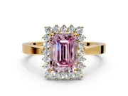 Starburst Halo Engagement Ring Setting for Fancy Pink Emerald Cut Center with Flat Cathedral Band and Prong Head in Yellow Gold