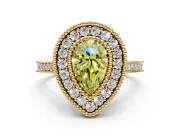 Halo Engagement Ring Setting for Fancy Yellow Pear-Shaped Center with Milgrain Frame, Pave Band and Prong Head in Yellow Gold