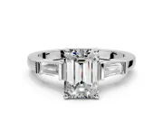 3 Stone Engagement Ring Setting for Emerald Cut Center with Channel Baguette Accents and Prong Head in Platinum