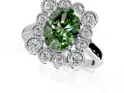 Cluster Halo Engagement Ring Setting for Fancy Green Oval Center with Milgrain Bezel Accents and Prong Head in Platinum