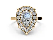 Single Halo Engagement Ring Setting for Pear-Shaped Center with Corner Claws, Plain Band and Prong Head in Yellow Gold