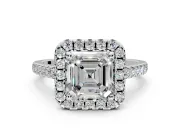 Halo Engagement Ring Setting for Asscher Cut Center with Raised Halo, Pave Band and Prong Head in Platinum