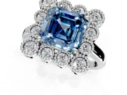 Cluster Halo Engagement Ring Setting for Fancy Blue Asscher Cut Center with Milgrain Bezel Accents and Prong Head in Sterling Silver