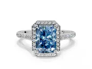 Halo Engagement Ring Setting for Fancy Blue Radiant Cut Center with Pave Accents, Heart Basket and Prong Head in Platinum