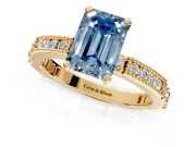 Solitaire Engagement Ring Setting for Fancy Blue Emerald Cut Center with Milgrain-Edged Pave Band and Prong Head in Yellow Gold