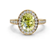 Bezel-Framed Halo Engagement Ring Setting for Fancy Yellow Oval Center with Pave Band and Prong Head in Yellow Gold