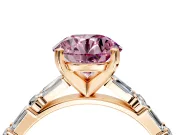 Baguette Engagement Ring Setting for Fancy Pink Round Cut Center with Alternating Bar-Set Band and Prong Head in Rose Gold