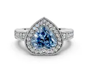 Milgrain Halo Engagement Ring Setting for Fancy Blue Heart-Shaped Center with Pave Band and Prong Head in Platinum