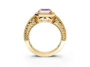 Milgrain Halo Engagement Ring Setting for Fancy Pink Asscher Cut Center with Pave Band and Prong Head in Yellow Gold